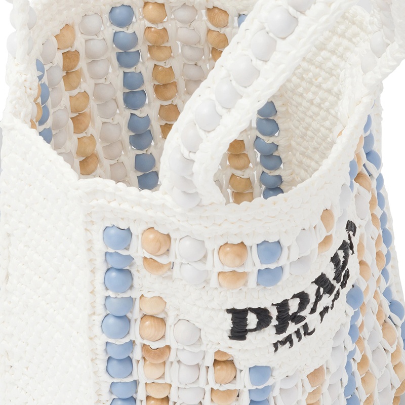 商品Prada|PRADA/普拉达 22新款 女士白色酒椰纤维搭配彩色木质球串珠单肩手提托特包,价格¥12143,第5张图片详细描述