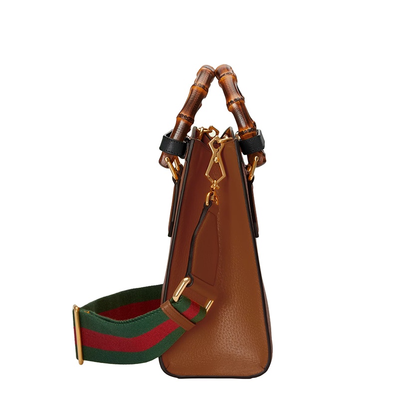 商品Gucci|GUCCI/古驰  Diana系列 女士小号棕色皮革黑色饰带金扣双竹节提手红绿肩带单肩手提托特包702721U3ZDT2185,价格¥25533,第7张图片详细描述