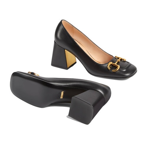 商品Gucci|【包税】GUCCI/古驰 女士黑色皮革中跟高跟浅口鞋643886C9D001000,价格¥6451,第2张图片详细描述