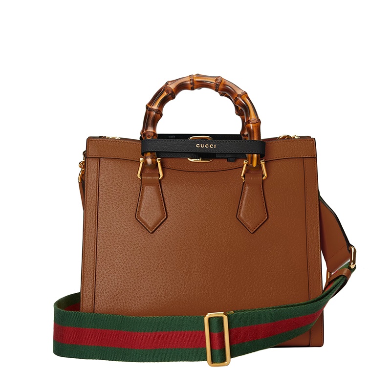 商品Gucci|GUCCI/古驰  Diana系列 女士小号棕色皮革黑色饰带金扣双竹节提手红绿肩带单肩手提托特包702721U3ZDT2185,价格¥25533,第6张图片详细描述