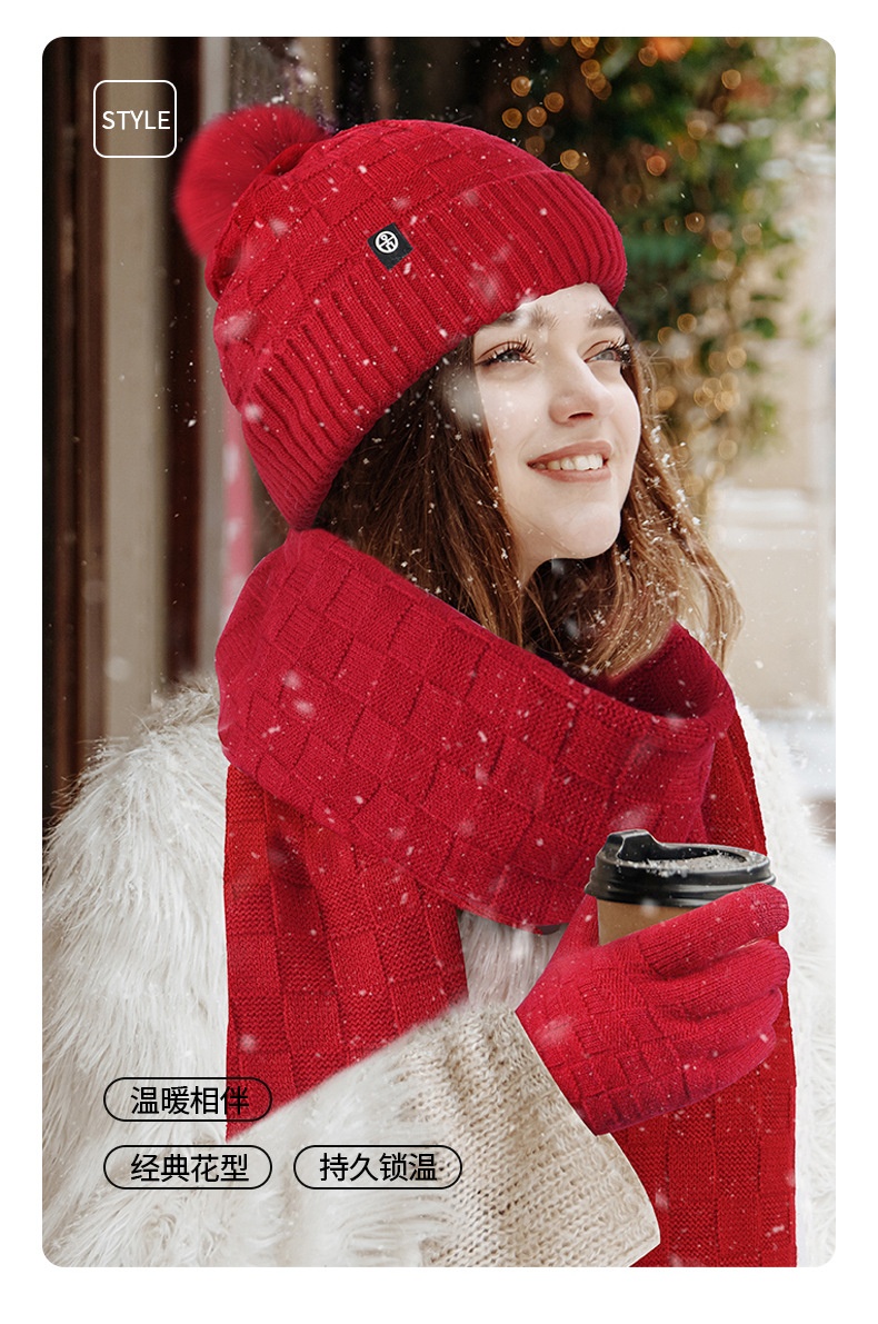 商品[国内直发] GLENVINTEN|格岚云顿英国品牌冬季围巾三件套加绒户外保暖毛球针织帽子围巾手套三件套装,价格¥186,第12张图片详细描述