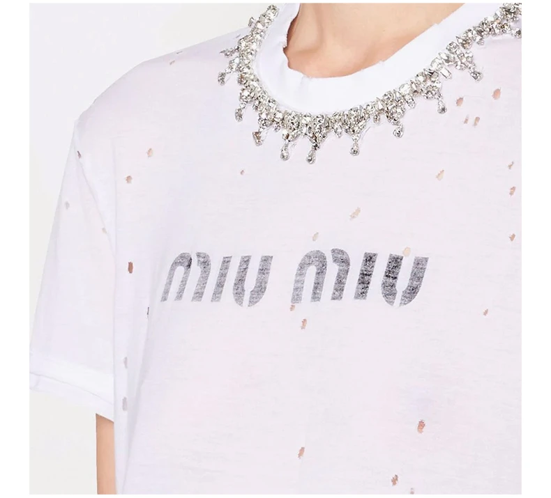 商品Miu Miu|MIU MIU 女士白色镶钻T恤 MJN334-1Z5B-F0009,价格¥4603,第7张图片详细描述