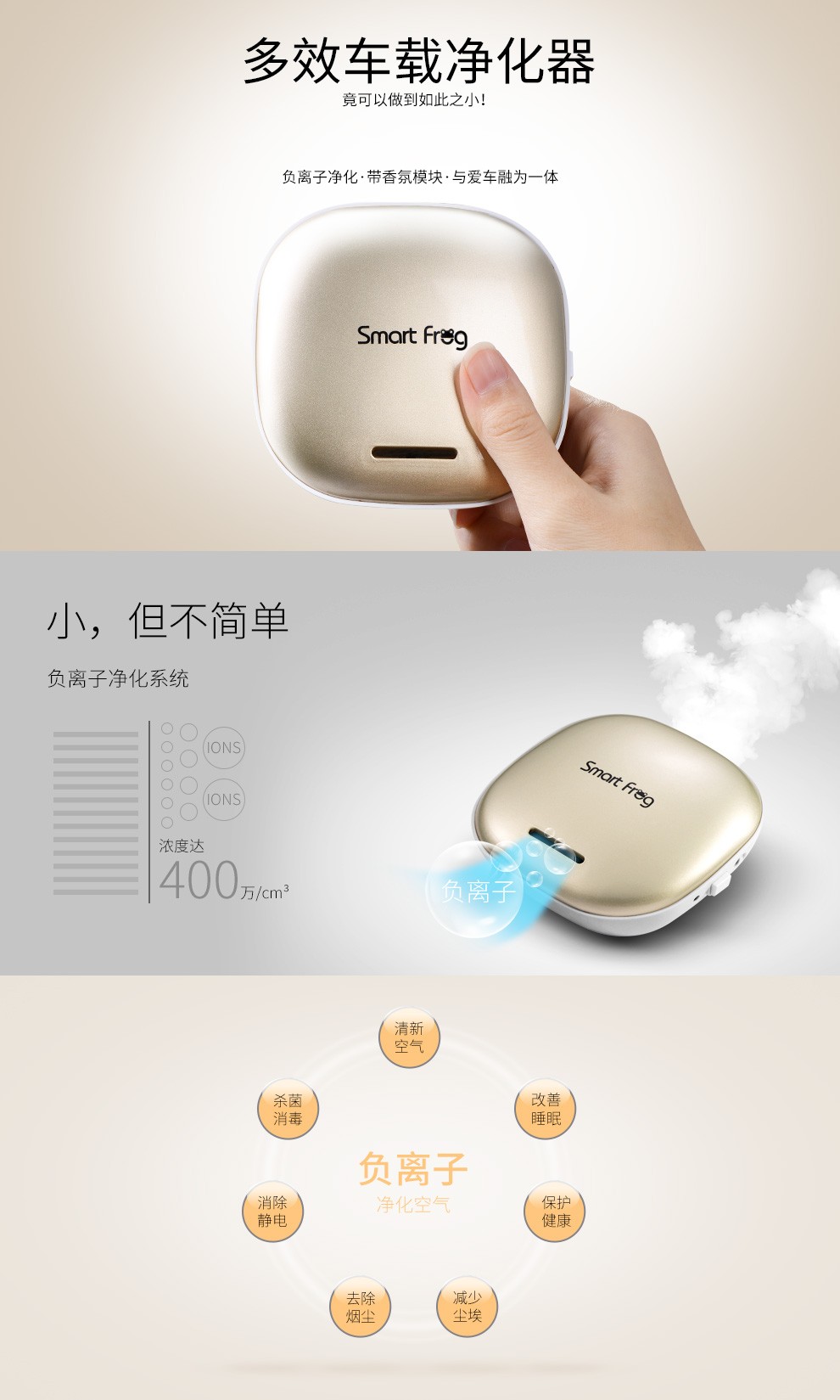 商品[国内直发] Smart Frog|卡蛙（smart frog）汽车车载空气净化器除烟除味负离子USB甲醛雾霾,价格¥97,第1张图片详细描述