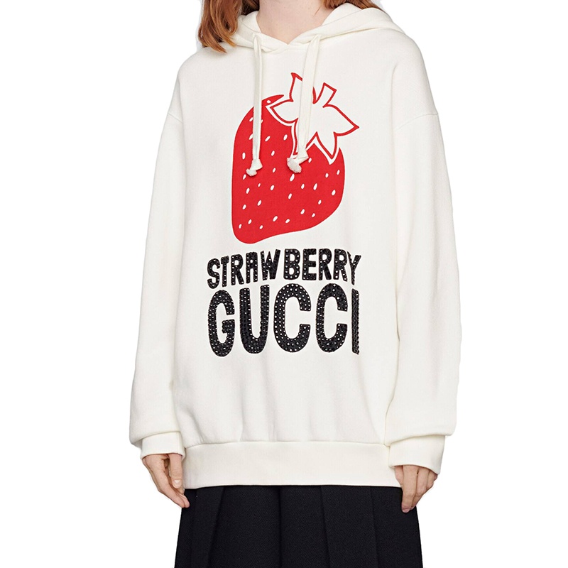 商品Gucci|【现货】古驰 Aria系列 女士米白色重磅毛毡针织纯棉草莓印花连帽卫衣,价格¥6772,第7张图片详细描述