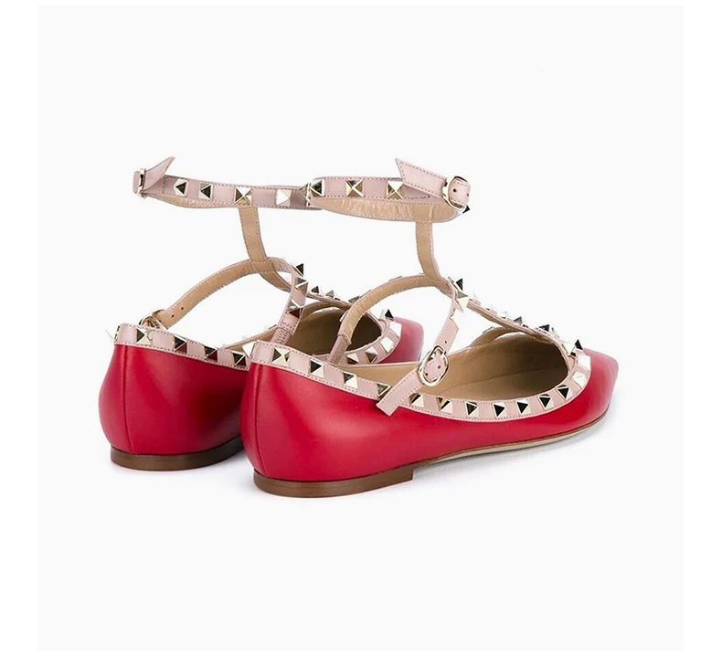 商品[国内直发] Valentino|VALENTINO 女士红色皮革铆钉踝部绑带装尖头平底鞋 RW2S0376-VOD-R19,价格¥5683,第6张图片详细描述