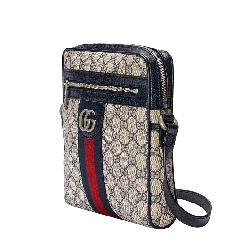 商品Gucci|Gucci/古驰 22春夏新款Ophidia系列 男士小号米色/蓝色提花帆布红蓝织带银色徽标老花单肩斜挎邮差包 54792696IWN4076,价格¥10641,第3张图片详细描述