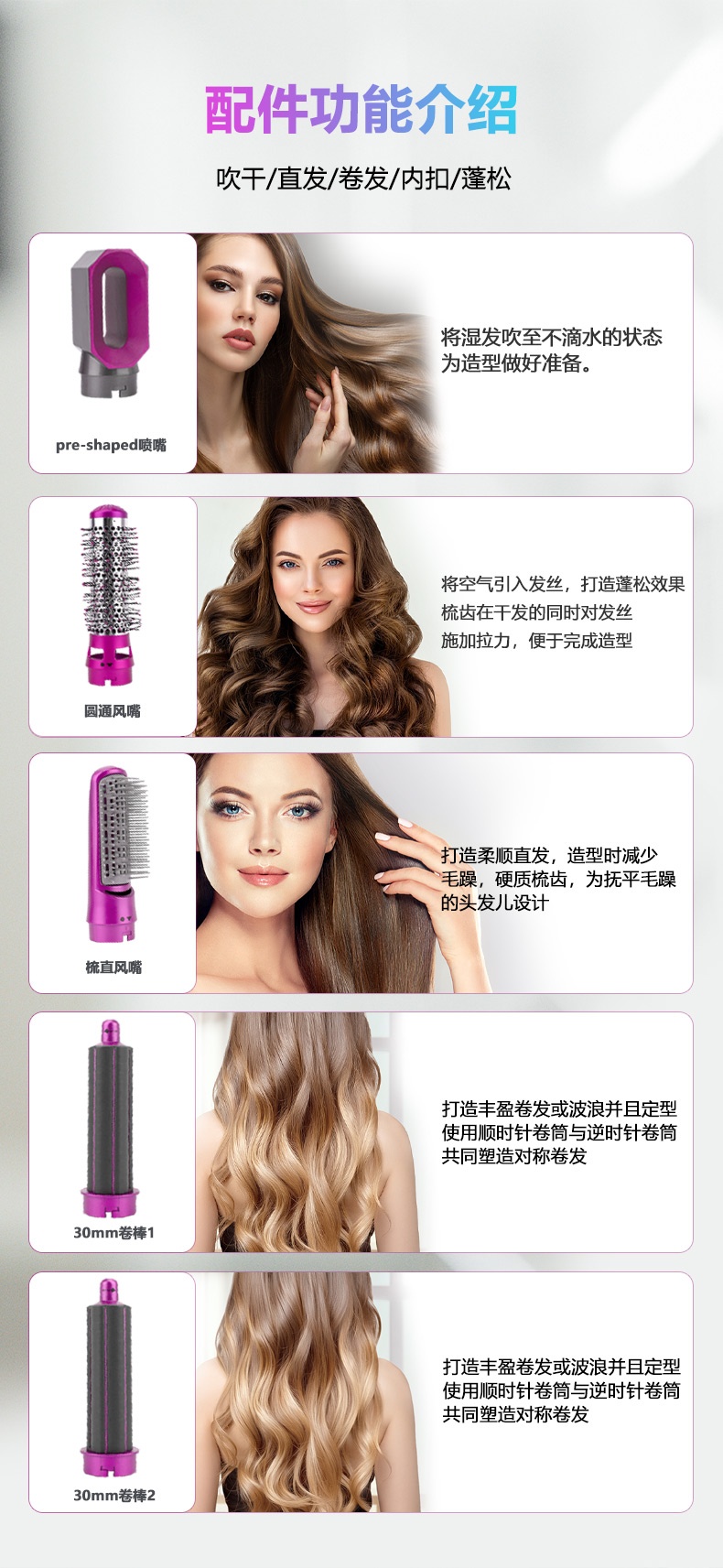 商品[国内直发] GLENVINTEN|格岚云顿英国品牌5合一热风梳卷直发器自动卷发棒两用卷发器大卷发神器,价格¥206,第4张图片详细描述