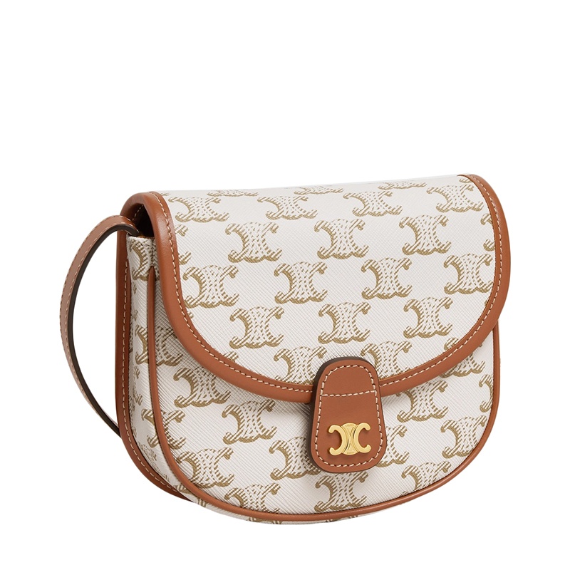 商品Celine|CELINE/赛琳 22春夏新款BESACE系列 女士迷你白色老花凯旋帆布黄褐色皮革饰边翻盖单肩斜挎马蹄包,价格¥8025,第4张图片详细描述