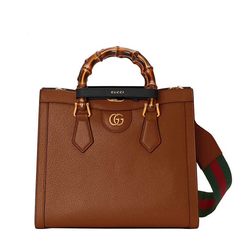 商品Gucci|GUCCI/古驰  Diana系列 女士小号棕色皮革黑色饰带金扣双竹节提手红绿肩带单肩手提托特包702721U3ZDT2185,价格¥25533,第2张图片详细描述