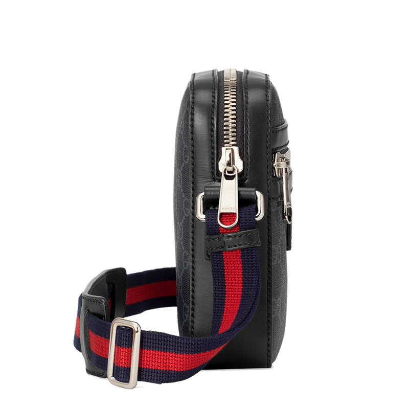商品Gucci|GUCCI/古驰 22春夏新款 男士小号黑色/灰色帆布黑色皮革滚边饰红蓝条纹织物肩带银扣单肩斜跨邮差包682357K5RLN1095,价格¥6625,第5张图片详细描述