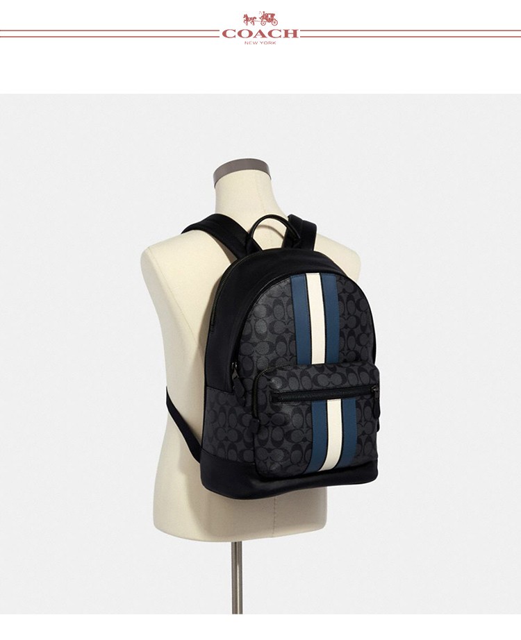 商品[国内直发] Coach|COACH蔻驰  West 35 经典老花蓝白条纹大容量 帆布配皮 书包背包双肩包 大号 男款 3001QBOH0,价格¥2044,第4张图片详细描述