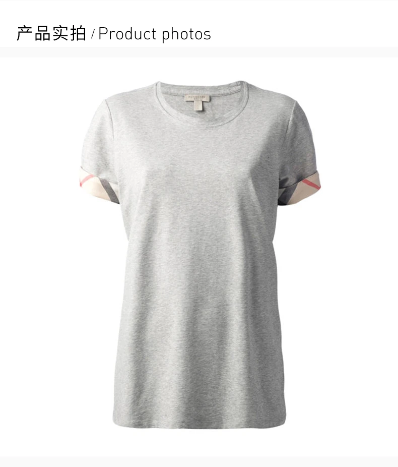 商品Burberry|Burberry 博柏利 女装棉质灰色格子袖口短袖T恤上衣 3886950,价格¥759,第4张图片详细描述
