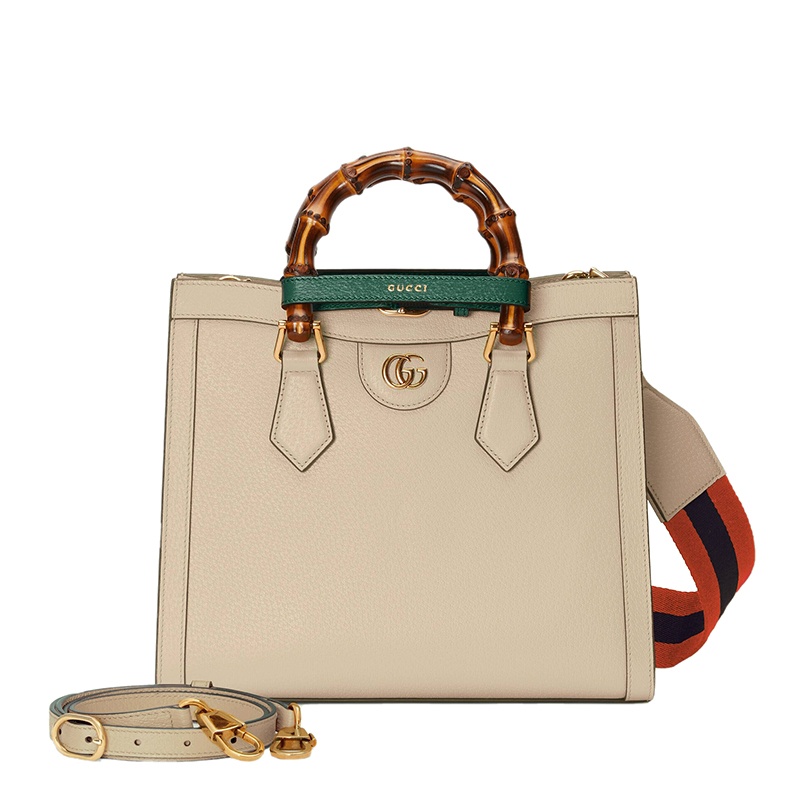 商品Gucci|【包税】GUCCI/古驰 Diana系列 女士小号米白色皮革竹子提手金扣配可拆卸条纹织物配皮肩带单肩斜跨手提托特包702721U3ZDT9982,价格¥25966,第3张图片详细描述