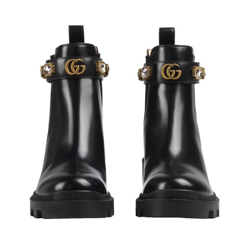 商品Gucci|GUCCI/古驰 22秋冬新款 女士黑色皮革饰水晶双G可拆卸带踝靴550036DKS001000,价格¥9745,第2张图片详细描述