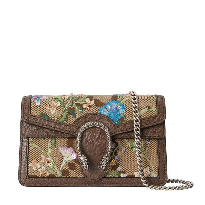商品Gucci|【包税】GUCCI/古驰 22新款Dionysus系列 女士超迷你棕色帆布配皮饰有带亮片的花朵刺绣银扣银链单肩斜跨链条酒神包476432UKMMN2562,价格¥10584,第5张图片详细描述