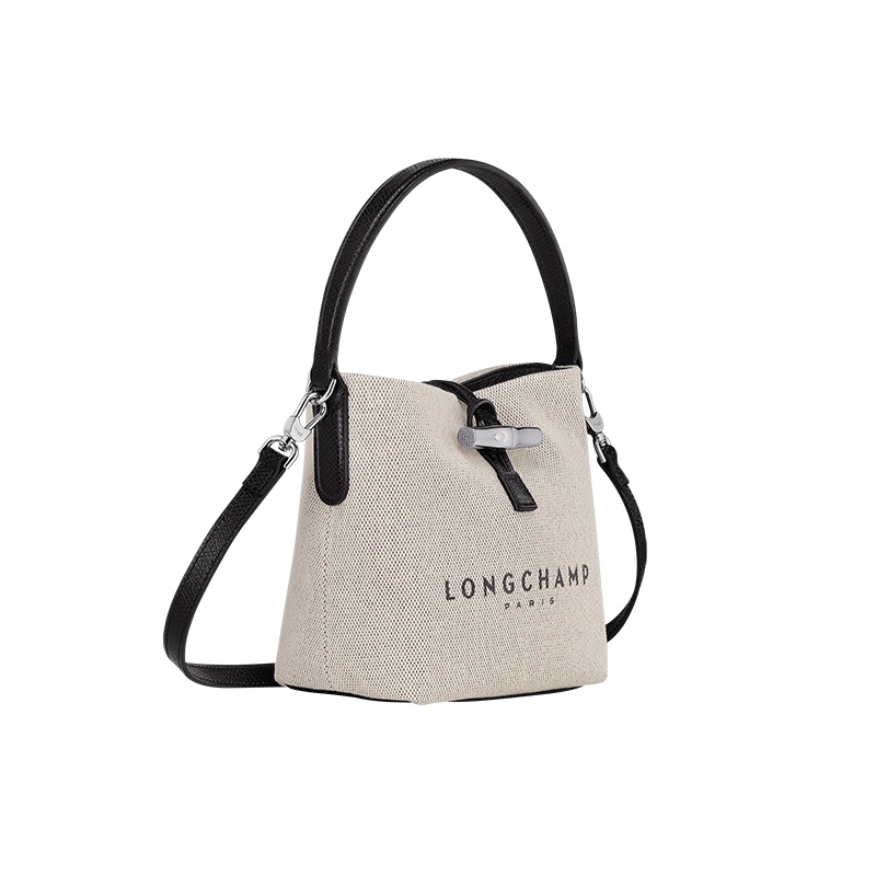 商品Longchamp|珑骧 女士米色棉/帆布混纺饰有LOGO字母银色五金搭扣开合可拆卸肩带水桶包,价格¥2826,第3张图片详细描述