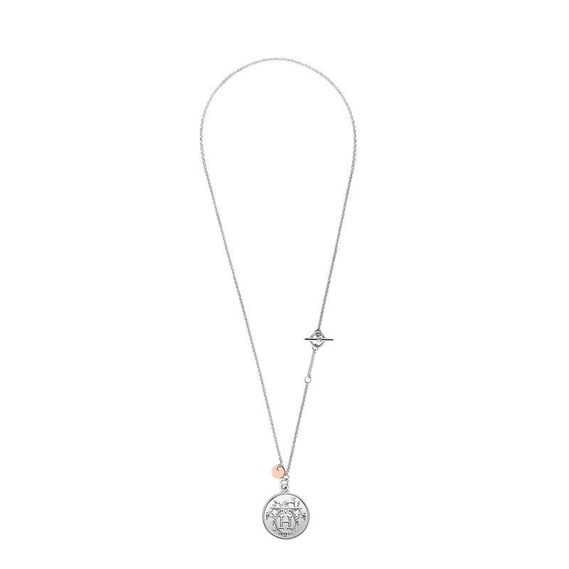 商品Hermes| HERMES/爱马仕 经典Hermès Ex-Libris系列 中号925纯银18K金玫瑰金圆形挂坠项链H120340B,价格¥10044,第2张图片详细描述
