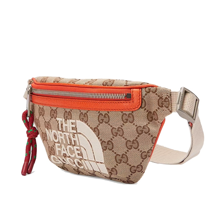 商品Gucci|GUCCI/古驰 The North Face联名系列 男士米色经典GG帆布橙色皮革细节斜跨腰包650299GY5UN8895,价格¥6605,第3张图片详细描述