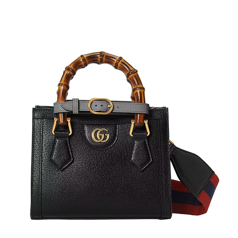 商品Gucci|GUCCI/古驰 22春夏新款Diana系列 女士迷你黑色皮革灰色饰带金扣双竹节提手单肩手提托特包702732U3ZDT1260,价格¥21538,第7张图片详细描述