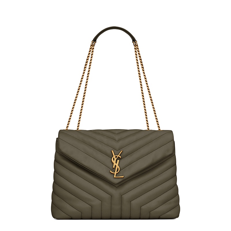商品Yves Saint Laurent|SAINT LAURENT PARIS/圣罗兰 YSL 22春夏新款LOULOU系列 女士中号灰卡其色"Y"形绗缝牛皮革金扣翻盖单肩斜挎包,价格¥21264,第2张图片详细描述