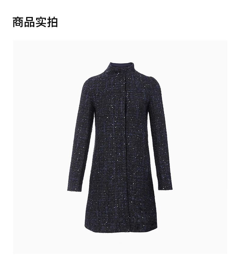 商品Emporio Armani|EMPORIO ARMANI 女式黑色小香风蓝色细节立领中长款大衣外套 3H2L80-2NWIZ-F901,价格¥3509,第3张图片详细描述