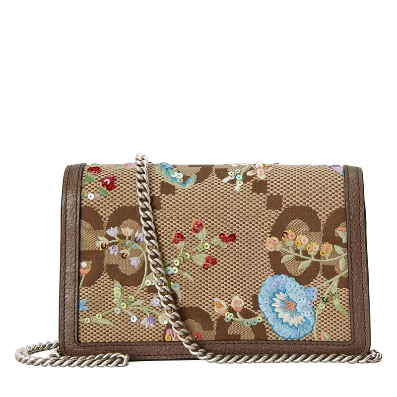 商品Gucci|【包税】GUCCI/古驰 22新款Dionysus系列 女士超迷你棕色帆布配皮饰有带亮片的花朵刺绣银扣银链单肩斜跨链条酒神包476432UKMMN2562,价格¥10584,第7张图片详细描述