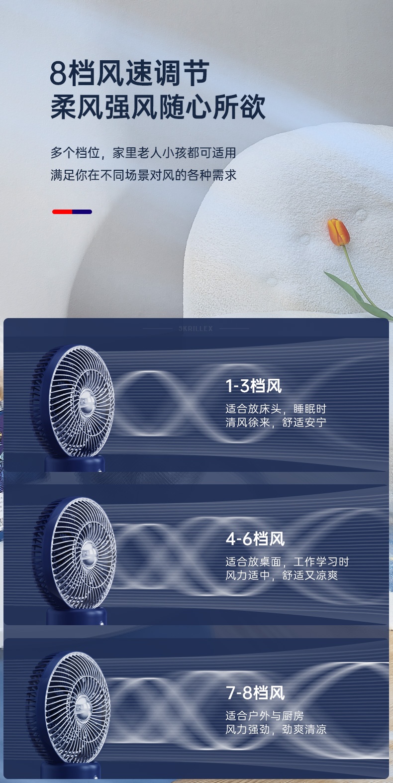 商品[国内直发] Skrillex|英国Skrillex柯乐希台式小风扇桌面迷你电扇USB办公室宿舍户外手持小电风扇床上充电散热摇头台扇 天幕蓝,价格¥254,第8张图片详细描述