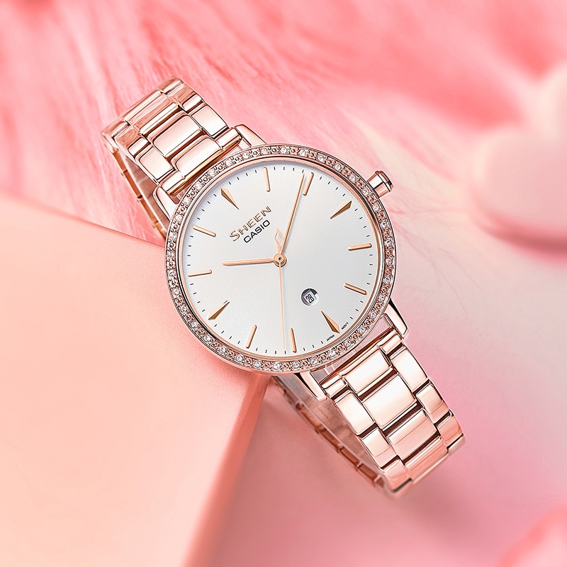 商品[国内直发] Casio|卡西欧高端女性系列满圈星镶钻玫瑰金简约指针蓝宝石玻璃,价格¥1035,第2张图片详细描述