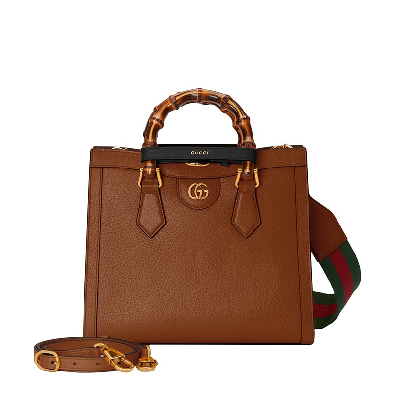 商品Gucci|GUCCI/古驰  Diana系列 女士小号棕色皮革黑色饰带金扣双竹节提手红绿肩带单肩手提托特包702721U3ZDT2185,价格¥25533,第4张图片详细描述