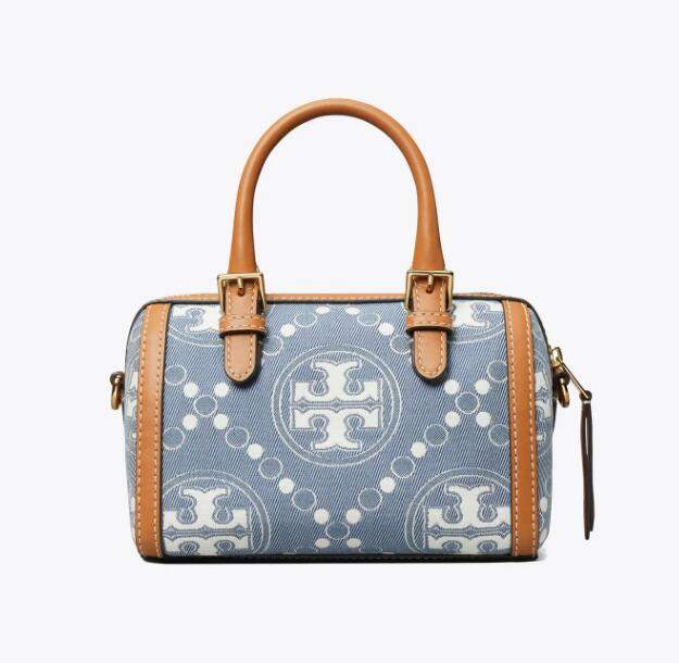 商品Tory Burch|TB汤丽柏琦T MONOGRAM 迷你提花酒桶包拉链开合手提单肩斜挎桶包（香港仓发货）,价格¥2605,第1张图片详细描述