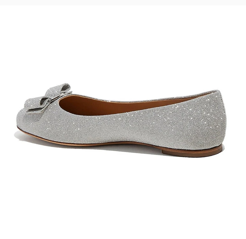 商品Salvatore Ferragamo|SALVATORE FERRAGAMO 女士银色牛皮亮闪蝴蝶结平底鞋 001-P691-709613,价格¥2846,第5张图片详细描述