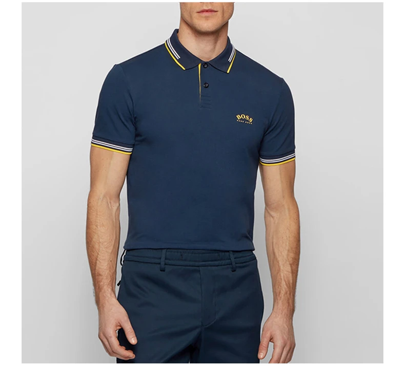 商品Hugo Boss|HUGO BOSS 男士海军蓝色弧形徽标弹力珠地修身短袖Polo衫 PAUL-CURVED-50412675-401,价格¥605,第7张图片详细描述
