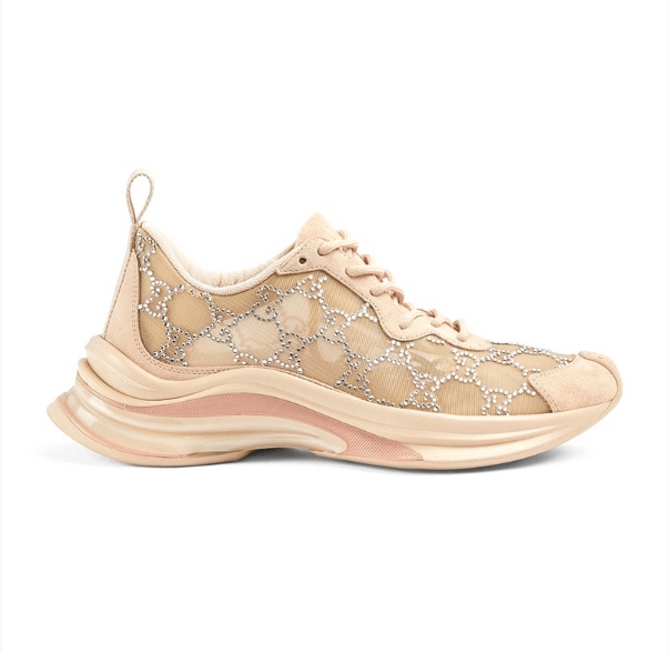 商品Gucci|【现货】GUCCI/古驰 女士粉棕色织物水钻网眼拼皮系带运动鞋758088FACG49942,价格¥2520,第2张图片详细描述