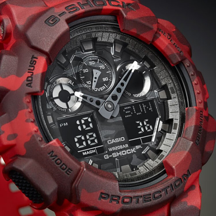 商品Casio|卡西欧（CASIO）手表G-SHOCK系列迷彩运动双显示防震电子男表 红色迷彩GA-100CM-4A-红色-GA-100CM-4A,价格¥1072,第5张图片详细描述