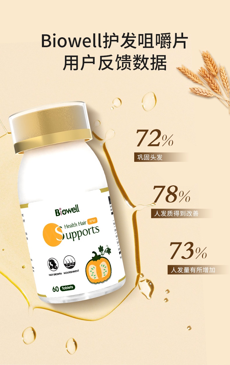 商品[国内直发] Biowell|【护发神器】护发咀嚼片改善毛躁分叉滋养柔顺搭配护发精油盈密秀发强韧发根 60粒/瓶,价格¥282,第8张图片详细描述