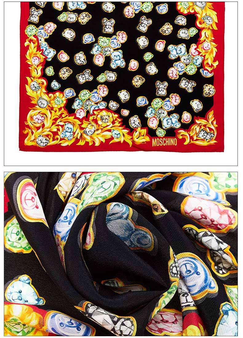 商品[国内直发] Moschino|莫斯奇诺 女士黑白彩色泰迪熊图案桑蚕丝 围巾丝巾68*68cm礼物送女友,价格¥407,第7张图片详细描述