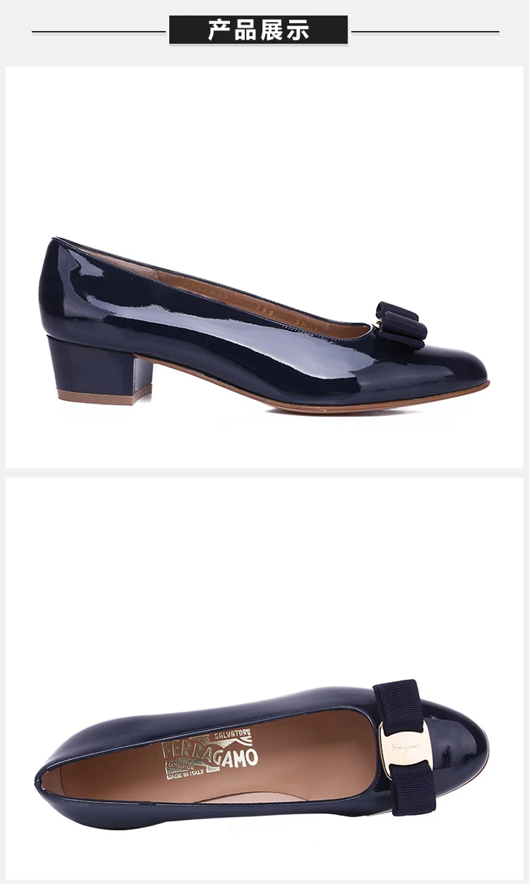 商品Salvatore Ferragamo|Salvatore Ferragamo 菲拉格慕 女士深蓝色牛皮蝴蝶结粗跟低跟鞋 0531284-NP-C-O-BL,价格¥3060,第3张图片详细描述