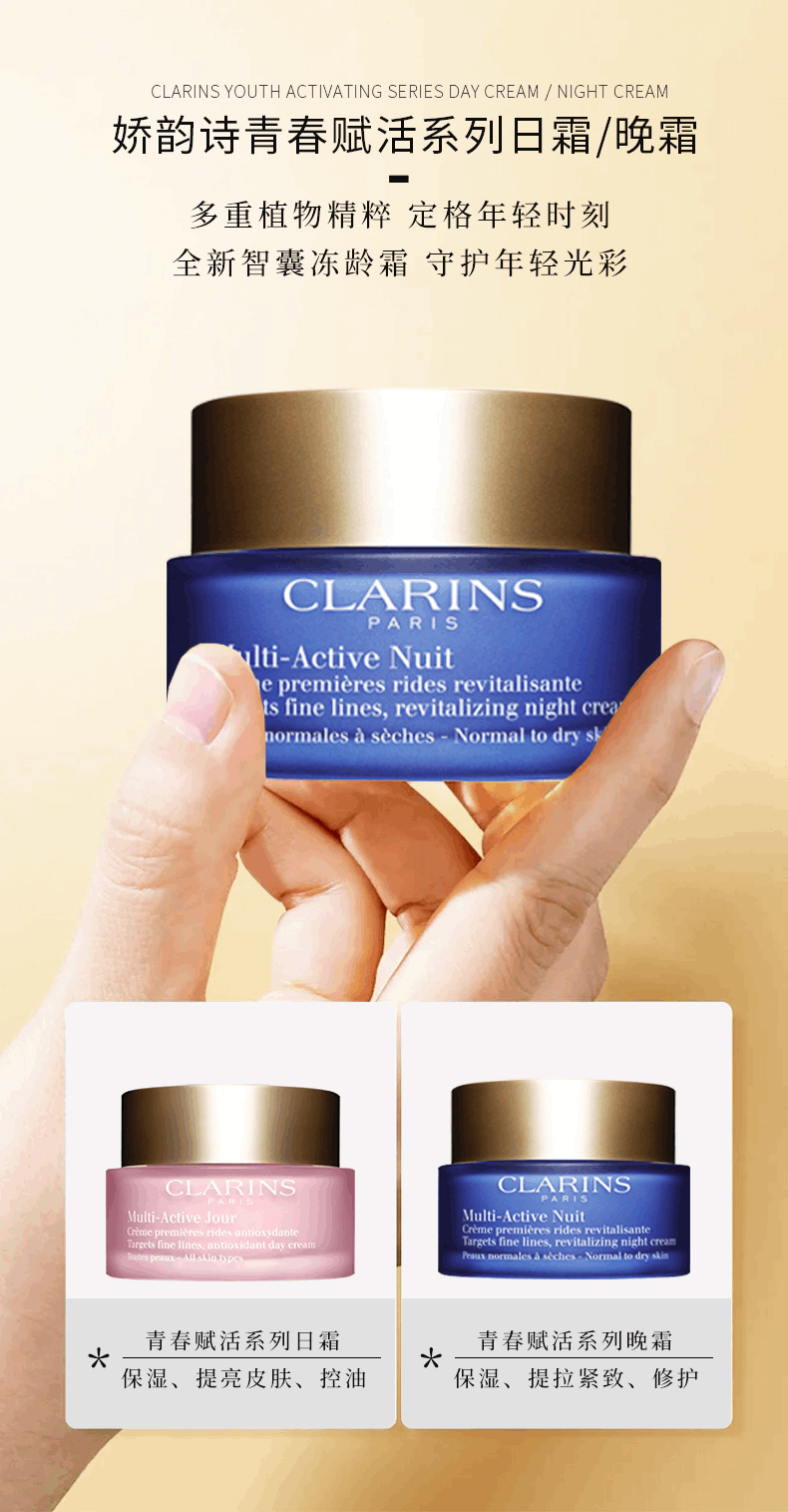 商品Clarins|CLARINS娇韵诗多元青春日晚霜套装冻龄日霜晚霜50ml面霜,价格¥561,第5张图片详细描述