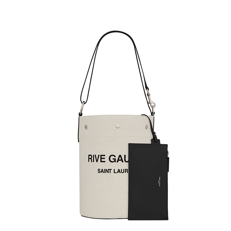 商品Yves Saint Laurent|SAINT LAURENT PARIS/圣罗兰 YSL 22春夏新款RIVE GAUCHE系列 男士白色亚麻配皮黑色徽标印花银扣单肩斜跨手提水桶包,价格¥11292,第3张图片详细描述