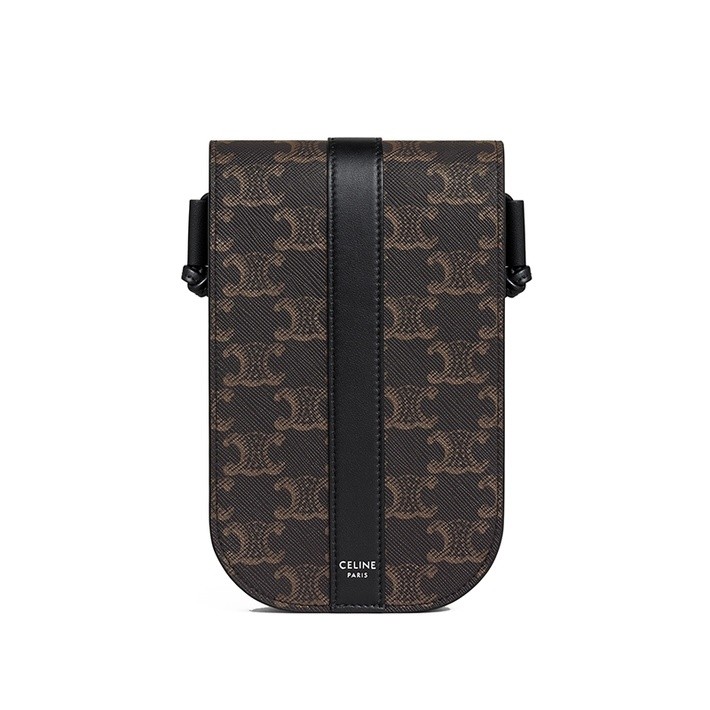 商品Celine|CELINE/赛琳 经典款TRIOMPHE系列 男士黑色帆布印花小牛皮饰边按扣翻盖斜挎手机包10H742DCH.38SI,价格¥4017,第2张图片详细描述