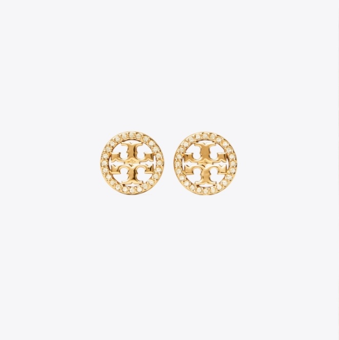 商品[国内直发] Tory Burch|TORY BURCH 汤丽柏琦 MILLER 密镶 水晶 简约大气经典logo带钻 耳钉 耳环  女款 玫瑰金色/金色,价格¥877,第2张图片详细描述