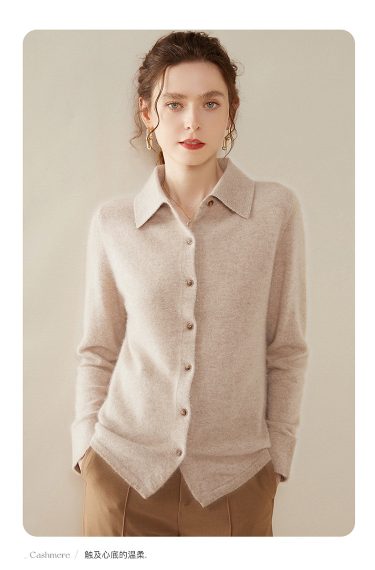 商品[国内直发] GLENVINTEN|格岚云顿英国品牌POLO领针织羊绒衬衫女修身显瘦羊绒开衫23秋冬新款女士气质打底衫,价格¥526,第14张图片详细描述