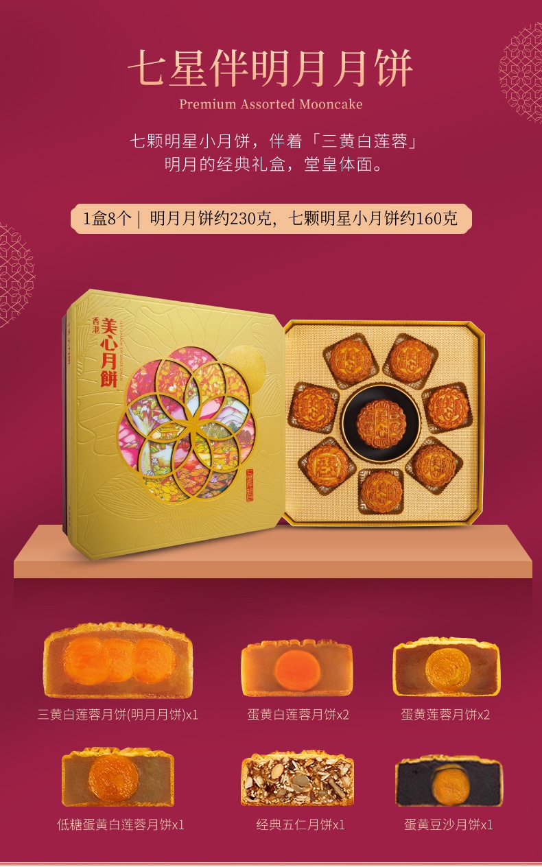 商品MEIXIN|[港版]美心月饼七星伴明月6口味礼盒蛋黄莲蓉豆沙五仁中秋特产,价格¥568,第2张图片详细描述