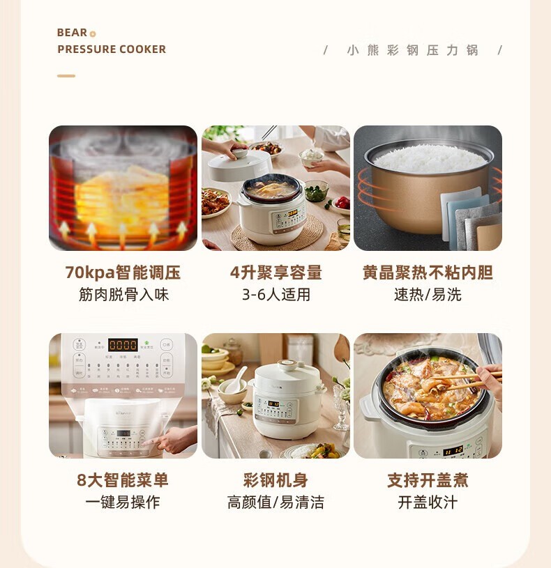商品[国内直发] Bear|小熊Bar（Bear）电压力锅 4L家用大容量多功能高压锅 不粘内胆可开盖煮智能压力锅 YLB-C40Y5,价格¥531,第2张图片详细描述