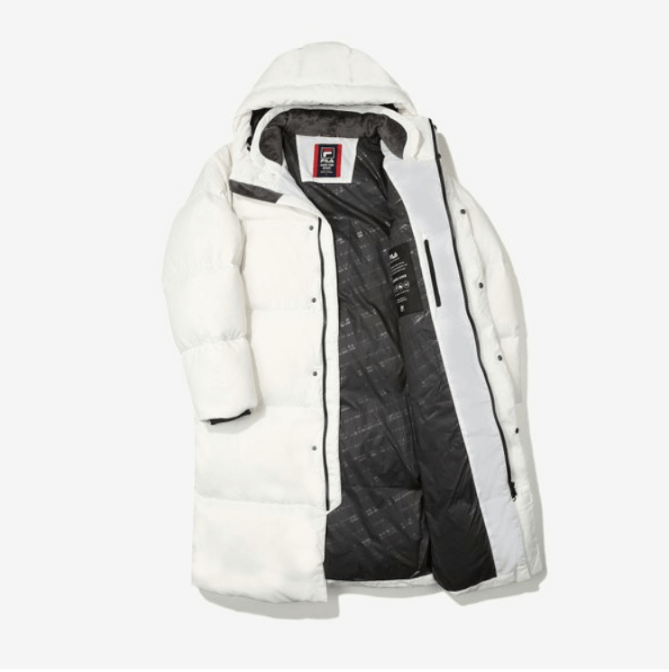 商品Fila|【享贝家】FILA 斐乐纯色LOGO印花中长款连帽羽绒服 男女同款 白色 FS2DJE4103XOWH,价格¥950,第1张图片详细描述