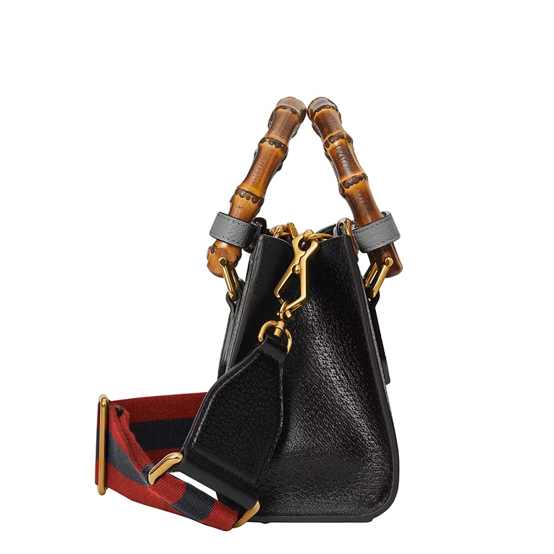 商品Gucci|GUCCI/古驰 22春夏新款Diana系列 女士迷你黑色皮革灰色饰带金扣双竹节提手单肩手提托特包702732U3ZDT1260,价格¥21538,第6张图片详细描述