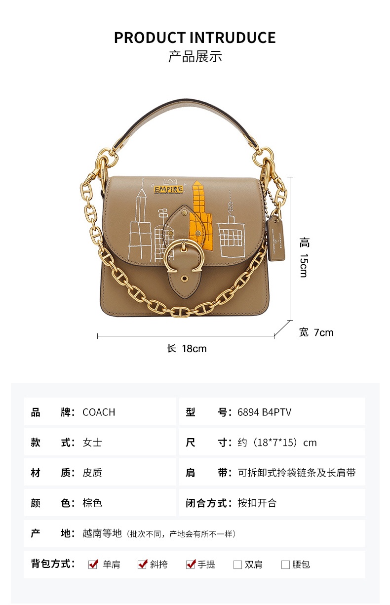 商品[国内直发] 【春节不打烊，国内现货速发】 Coach|COACH 蔻驰 奢侈品 女士城市图案系列棕色皮质手提单肩斜挎包 6894 B4PTV,价格¥3687,第2张图片详细描述