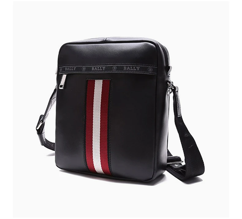 商品Bally|BALLY 男士黑色牛皮单肩斜挎包邮差包黑色红白条纹 6240274,价格¥3704,第5张图片详细描述