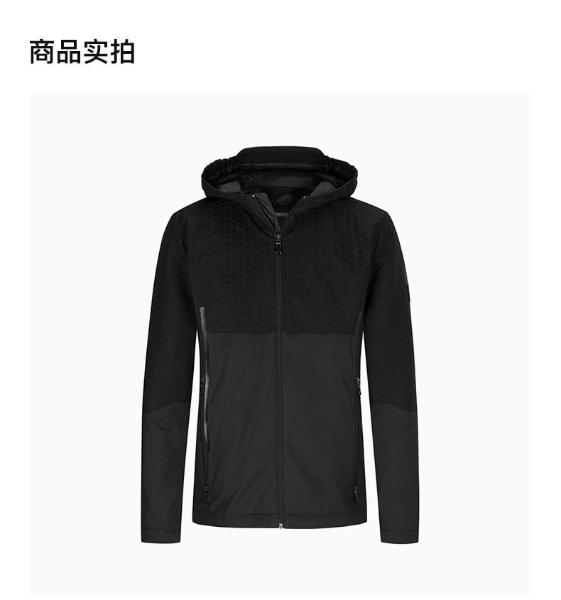 商品Hugo Boss|BOSS BLACK 男士黑色绗缝饰肩部饰有印花超纤维连帽二合一棉服夹克 JBergmann-50461080-001,价格¥1928,第4张图片详细描述