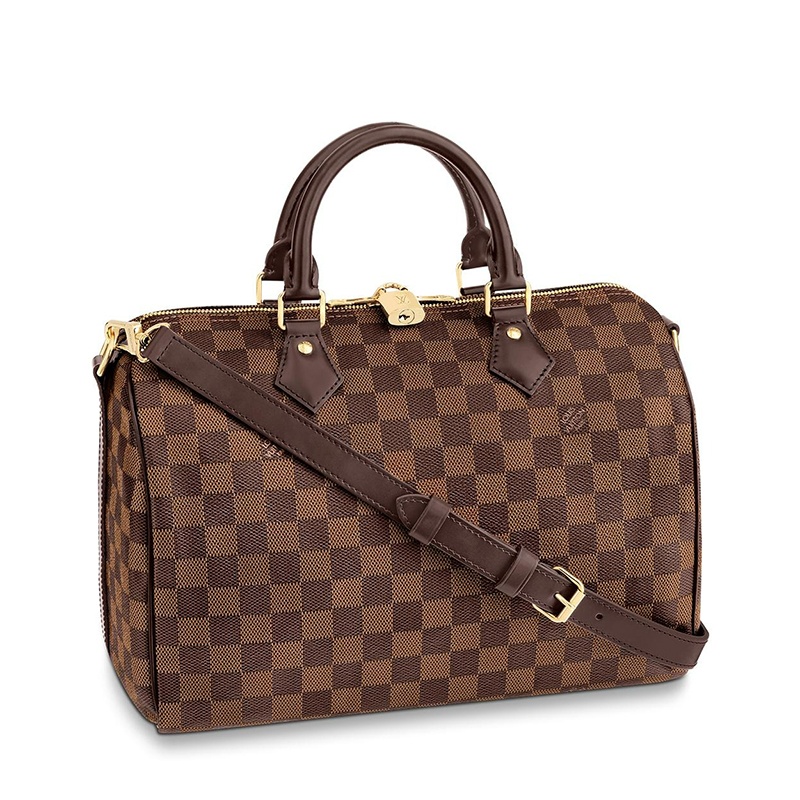 商品Louis Vuitton|【现货】路易威登 经典款SPEEDY 30系列 女士乌木色棋盘格帆布饰皮革滚边金扣配可拆卸肩带拉链开合单肩斜挎手提包N41367,价格¥14144,第2张图片详细描述